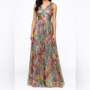 🆕 Ignite Evenings Metallic Floral Maxi Dress Size 16 Teal Gold Gown Pleated Prom